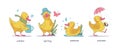 Vector Set Of Cute Little Yellow Baby Duck Character Walking, Swimming, Smiling Isolated On White Background In Different Seasons.
